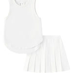 PATPAT Girls 2 Piece Tennis Skirt Set Size 6-7, Plain White Tank Tops and White Pleated Skort with Built In Shorts 2 Piece Outfits Girl Clothes Tennis Outfit Athletic Sets Activewear