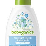 Babyganics foaming shampoo & body wash bottle with green pump on a white background
