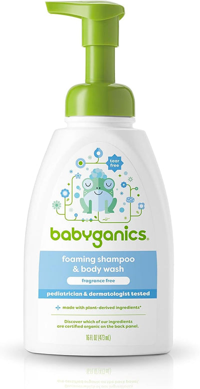 Babyganics foaming shampoo & body wash bottle with green pump on a white background