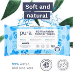 Pura Flushable Toddler Wipes 3 x 60 Wipes (180 Wipes), 100% Plastic Free, 99% Water, Hypoallergenic & Fragrance Free, Totally Chlorine Free, Kids Toilet Wipes, Potty Training