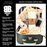 Baby Gift Set Boy or Girl - Baby Shower Basket Suitcase with Large Plush Blanket, Muslin Swaddle, Natural Teether, Wood Birth Record, Hand & Foot Print Kit, Nemo Socks, Baby Gift, Unisex Forest Green