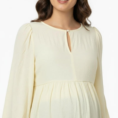 Motherhood Maternity Women’s Long Sleeve Empire Waist Keyhole Woven Pregnancy Blouse, Soft Yellow, Large