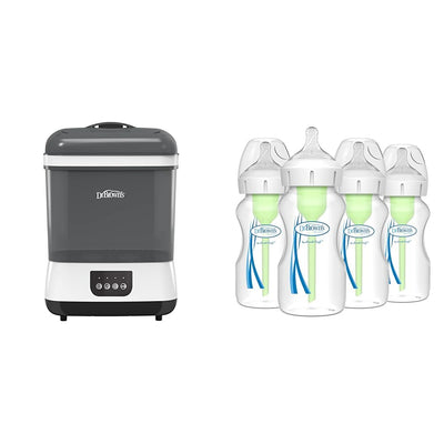 Dr. Brown's baby bottle sterilizer and bottles on a white background