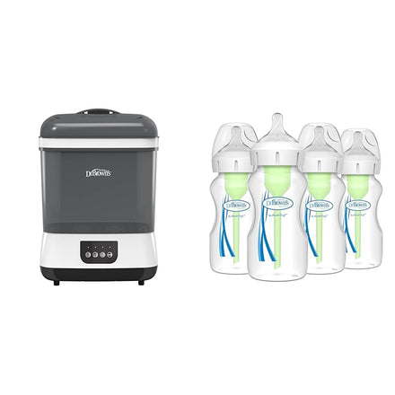Dr. Brown's baby bottle sterilizer and bottles on a white background