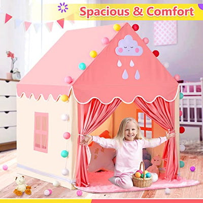 SISTICKER Kids Play Tents for Girls Large Fairy Playhouse for Kids Princess Castle Tent Gift Toys for Girl Toddler Children Play House (Pink) (Pink Tent with Rug)