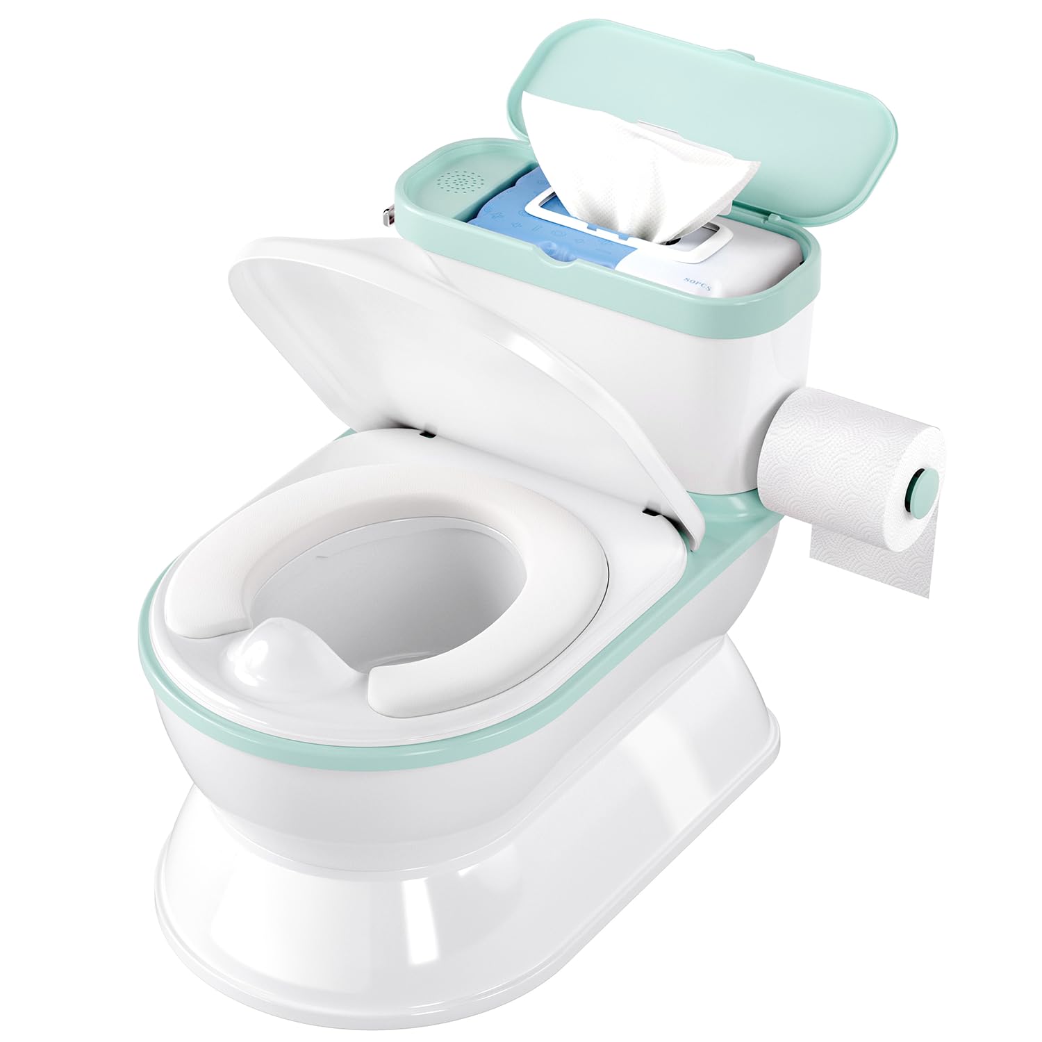 CheerTry 2-in-1 Toddler Potty Training Toilet - Larger Potty Chair & Detachable Training Seat for Boys & Girls Ages 1-3 with Flushing Sound, Wipes Storage, Toilet Paper Holder - Cyan