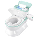 Children's potty seat with teal accents on a white background