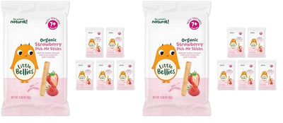 Two packages of Little Bellies Organic Strawberry Pick-Me Sticks with smaller packages in the background.