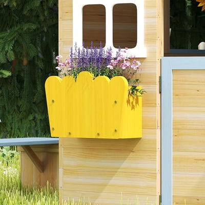 Outsunny Wooden Playhouse for Kids Outdoor Garden Pretend Play Games, Adventures Cottage, with Working Door, Windows, Bench, Service Station, Flowers Pot Holder, for 3-7 Years Old, Blue