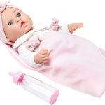12'' Baby Doll in Gift Box with Pink Cloths, Pacifier, 13''x13'' Microfabric Blanket, and Feeding Bottle. Gift Idea for Ages 3+