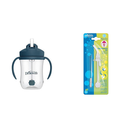 Dr. Brown's sippy cup with navy blue lid and packaging of replacement kit on a white background
