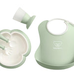 BabyBjörn Baby Dinner Set, 5 pcs, Powder green Includes Baby Plate, Baby Fork, Baby Spoon, and Baby Cup Dishwasher Safe Toddler feeding set for self-feeding or baby-led weaning