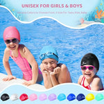 Kids Long Hair Swim Cap for Girls Boys, 3 Size Silicone Swimming Cap for Age 1-15 Toddler Children Teens, Waterproof Swim Hats Bathing Caps with Ear Plugs & Nose Clip to Keep Hair Dry(Age 3-8/Black)
