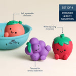Itzy Ritzy Bath Squirter Toys – Set of 3 Textured, Fruit-Shaped Bath Toys & 1 Sprinkle Strainer – Itzy Splash Pals Promote Sensory Play, Cause & Effect, & Motor Skill Development – 6 Mos & Up (Fruit)