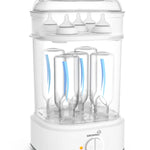 Beverage dispenser with clear containers and a white base on a white background