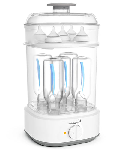 Beverage dispenser with clear containers and a white base on a white background
