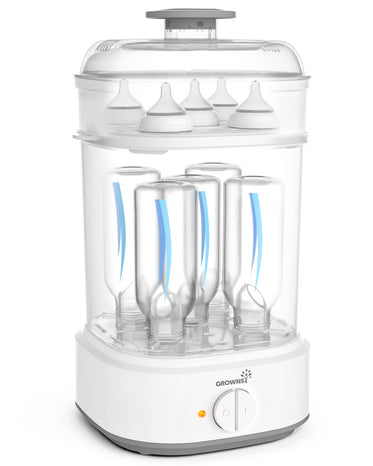 Beverage dispenser with clear containers and a white base on a white background