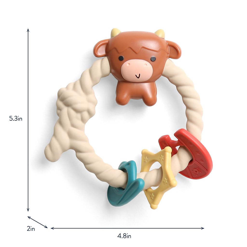 Itzy Ritzy Silicone Teether with Rattle; Rattle Teether Features Rattle Sound, Three Silicone Teething Rings and Raised Texture to Soothe Gums; Ages 3 Months and Up (Highland Cow)