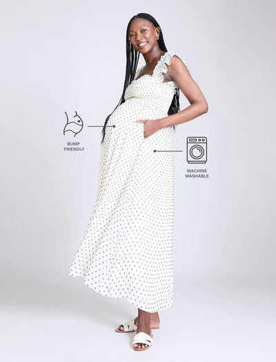 Motherhood Maternity Sleeveless Ruffle Shoulder Smocked Maxi Pregnancy Dress, White Clip Dot, Small