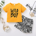 Kucnuzki Toddler Baby Boy Clothes Summer Outfits Short Sleeve Letters Printed Shirt Shorts Sets 2PC Little Boy Clothing (Yellow, 18-24 Months)