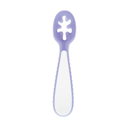 Purple spoon with a white handle on a white background