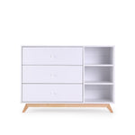 dadada Central Park 3-Drawer Dresser with Open Shelving - Modern Design, Baby-Safe Finish, Forged Steel Support, Sturdy Wood Legs, for Nursery, Kids or Teen Room, 47" Wide (White+Natural)