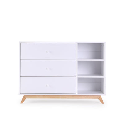 dadada Central Park 3-Drawer Dresser with Open Shelving - Modern Design, Baby-Safe Finish, Forged Steel Support, Sturdy Wood Legs, for Nursery, Kids or Teen Room, 47" Wide (White+Natural)