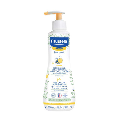 Mustela nourishing cleansing gel bottle on a white background