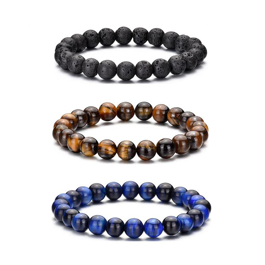 RANKEEF Tiger Eye Bracelet For Men 8MM Natural Stone Beads Bracelet Set Stretch Lava Rock Bracelets Adjustable Black Crystal Beaded Bracelet for Men Women Gifts