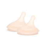 Two beige silicone teething rings on a white background