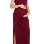 Smallshow Women's Split Long Maternity Dress Sleeveness Ruched Pregnancy Clothes Medium Wine