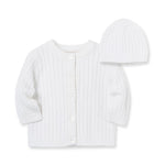 Little Me Clothes for Baby Boys’ and Girls’ Sweater and Cap Set, Soft Cable Knit Cotton Outfit with Pearlized Buttons, Baby Essentials, Softest White, 9 Months