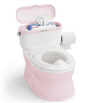 Pink and white potty training seat with a lid open on a white background