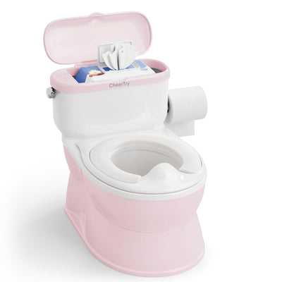 Pink and white potty training seat with a lid open on a white background