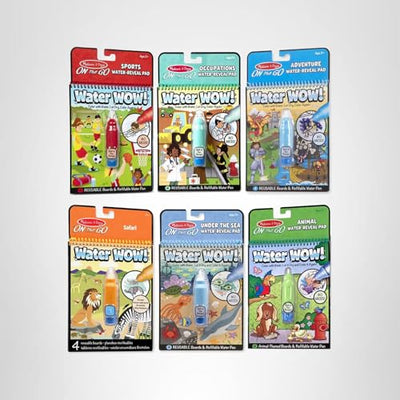 Melissa & Doug On the Go Water Wow! Reusable Color with Water Activity Pad 6-Pack, Sports, Occupations, Adventure, Safari, Under the Sea, Animals - FSC Certifieda