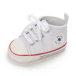 KKIIDDSS Unisex Baby Girls Boys Canvas High-top Shoes, Newborn Infant Anti-Slip Soft Sole Frist Walking Sneakers (A01/White_red,0-6 Months