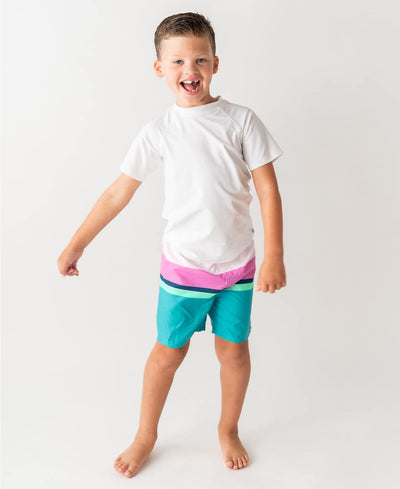 RUGGEDBUTTS Boys UPF50+ Sun Protection Striped Color Block Swim Trunks - Blue, 8