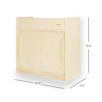 Foundations SafeGlide Daycare Changing Table, Durable Wood Construction, Built-in Shelving for Ample Storage, Gliding Doors, Adjustable Safety Strap, Includes Foam Mattress Pad (Natural)