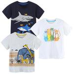 GFQLONG Toddlers Baby Boys Pack of 3 Cotton Short Sleeve Shirts Clothes Dinosaur Graphic T-Shirt Outfit,Sharks,1-2T
