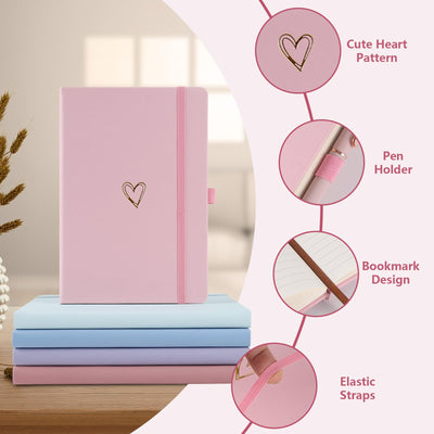 A5 Lined Journal Notebook, Hardcover Note Book Leather Journals for Girls Women,Cute Heart Pattern Design A5 Diary Notepad for Work, School, Note Taking, Business (Pink)