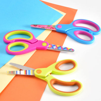 Zicolu Kids Scissors Set, Safety Children Scissors with Blunt-Tip Floral Print Blade and Soft Grip, Great for DIY, Arts, Home, School Classroom Use, Blue/Purple/Yellow