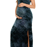 Smallshow Women's Split Long Maternity Dress Sleeveness Ruched Pregnancy Clothes X-Large Tie Dye Grey Black