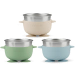 PandaEar 3 Pack Stainless Steel Baby Suction Bowls, Non-Slip Child Food Bowl with Silicone Sleeve for Kids Toddlers Infants, Unbreakable & Mess Free (Blue Green Beige)