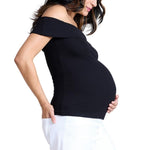 Motherhood Maternity Women’s Off-The-Shoulder Rib Knit Pregnancy Top, Black, Medium