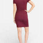 Motherhood Maternity Women's V-Neck Short Sleeve Side Ruched Bodycon Mini Pregnancy Dress, Mauve Wine, Large