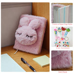 Liyujuping Cute Diary for Girls, Rabit Fuzzy Notebooks for Girls, Kids Notebook Set with Pen, Stickers, Flush Journal Writing Pad A6, Birthday, Christmas, Easter, Back-to-School Season (White)