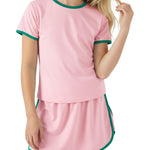 PATPAT Girls 2 Piece Outfits Size 7-8 Years, Pink Green Color Block T Shirts and Skorts Clothing Sets, Girls Summer Outfits, Trendy Clothes Skirt Sets Summer Clothes Lounge Sets