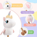 FUNLIO Unicorn Stick Horse for Kids 3+, Rainbow Fairy Hobby Horse with Soft Plush & Wood Wheels, Neighing and Galloping Sound for Pretend Play & Creativity, Horse Toys Gift, CPC & CE Certified - White