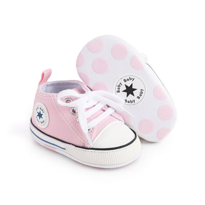 KKIIDDSS Unisex Baby Girls Boys Canvas High-top Shoes, Newborn Infant Anti-Slip Soft Sole Frist Walking Sneakers (A02/Little Pink,0-6 Months)