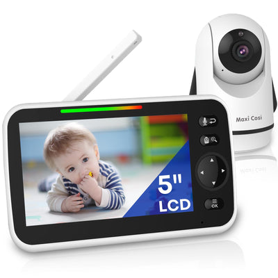 Baby monitor with 5-inch LCD screen displaying a child, and a separate camera on a white background.